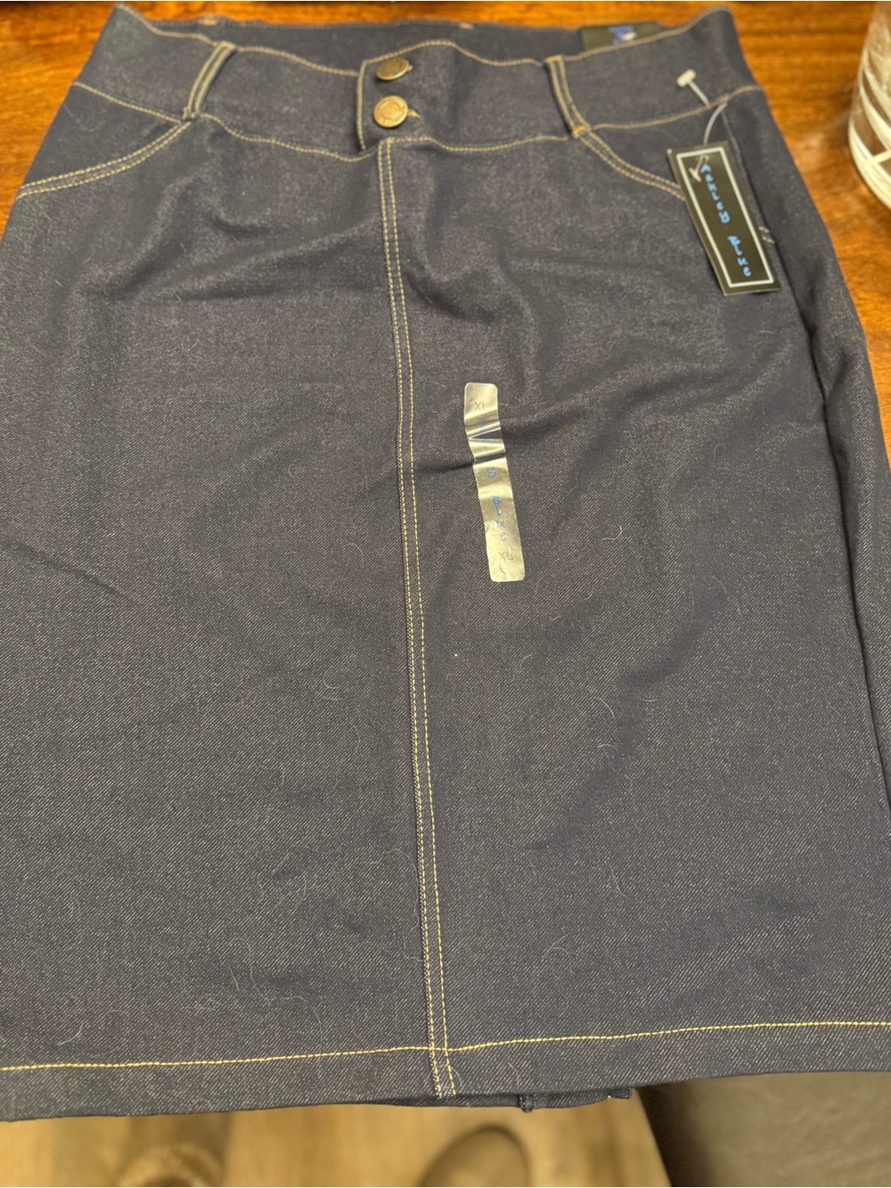 Ashley Blue Navy Denim Skirt with Contrast Stitching. Stretchy and form fitted.